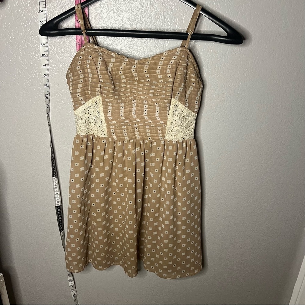 Bar III | taupe bustier style mini dress with modern floral pattern. Medium
